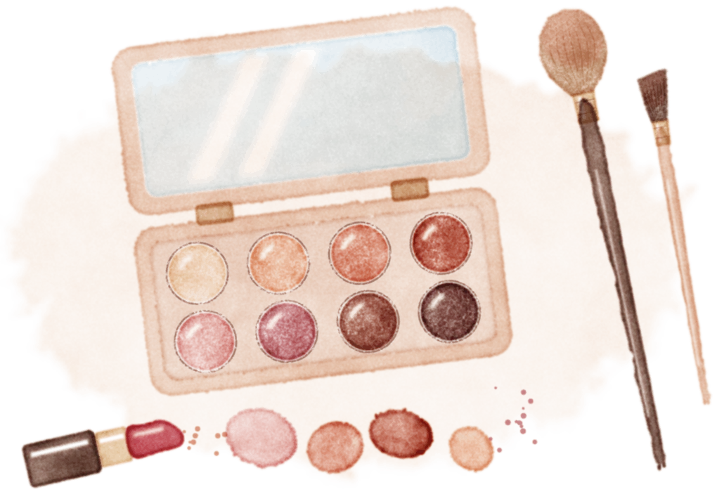 Watercolor painting of an eyeshadow palette, two brushes, a lipstick and dabs of blush