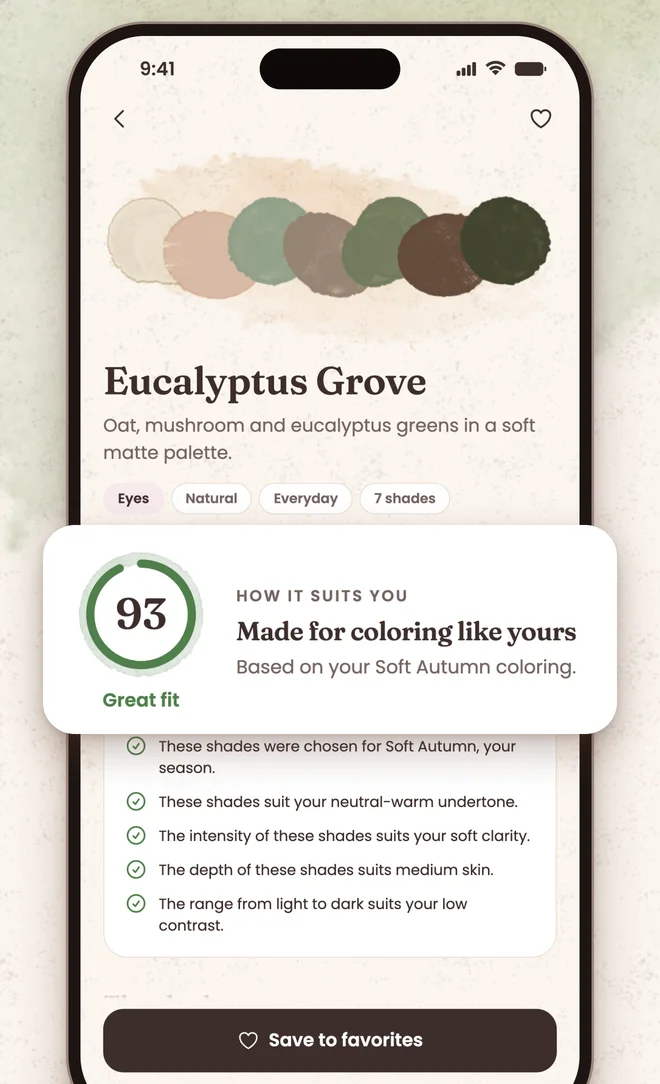 A Nuanza palette screen with a fit score of 93, the label Great fit and a list of reasons