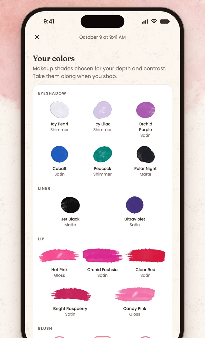 The Nuanza result screen with painted eyeshadow, liner and lip shades, each with its name and finish
