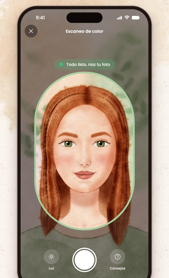 La pantalla de cámara de Nuanza, con un rostro ilustrado dentro de un óvalo y el aviso de que ya se puede hacer la foto