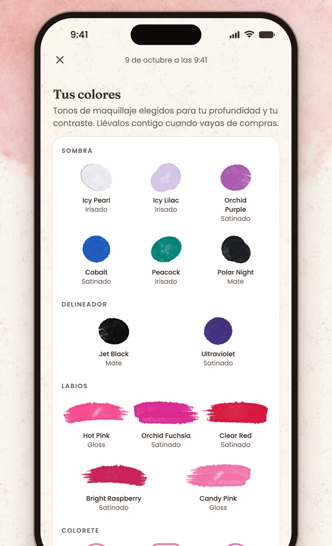 La pantalla de resultados de Nuanza, con tonos pintados de sombras, delineador y labios, cada uno con su nombre y acabado