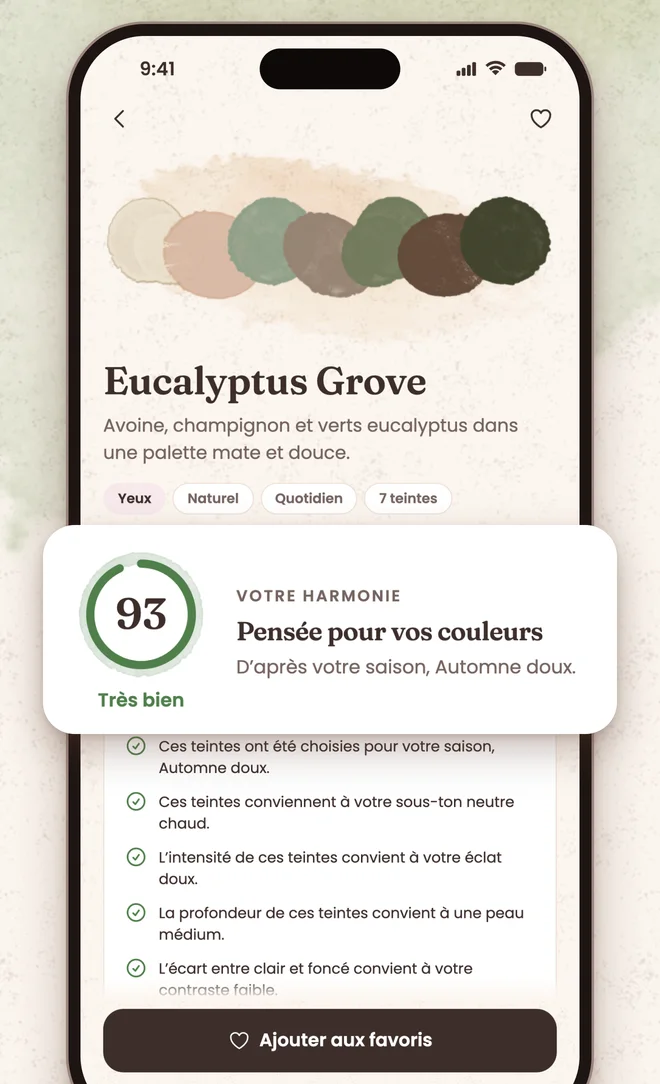 Un écran de palette de Nuanza, avec un score de 93 et une liste de raisons