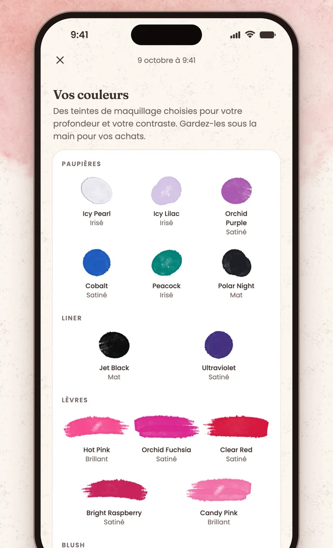 L’écran de résultat de Nuanza, avec des teintes peintes pour les paupières, le liner et les lèvres, chacune avec son nom et son fini