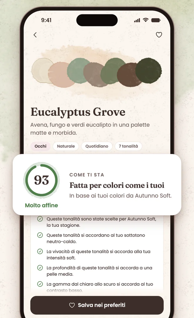 Una schermata di palette di Nuanza, con un punteggio di affinità di 93, l’etichetta Molto affine e un elenco di ragioni