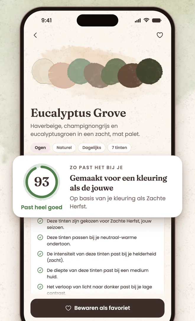 Een paletscherm van Nuanza met de score 93 en een lijst met redenen